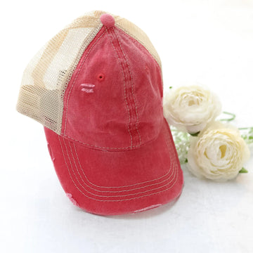 Distressed Mesh Dusty Red Regular Lower Ponytail Friendly Baseball Cap Judson