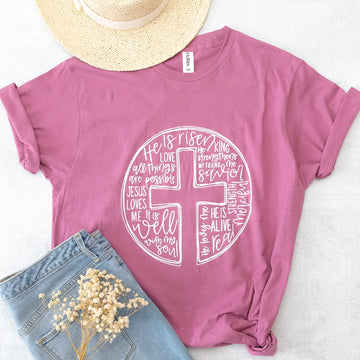 He is Risen Graphic Tee with Cross in Berry with Short Sleeves Judson