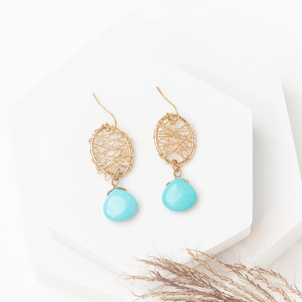 Intense Gold-tone Wire Wrapped Turquoise Drop earrings Judson