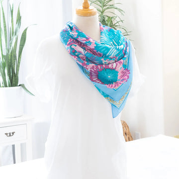 Light Flower Print Satin Scarf in Bright Blue Neck Length Wrap Judson