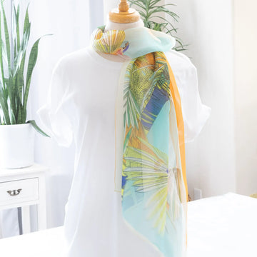 Tropical Print Chiffon Scarf Yellow with Bird Accent Wrap Medium Length Judson